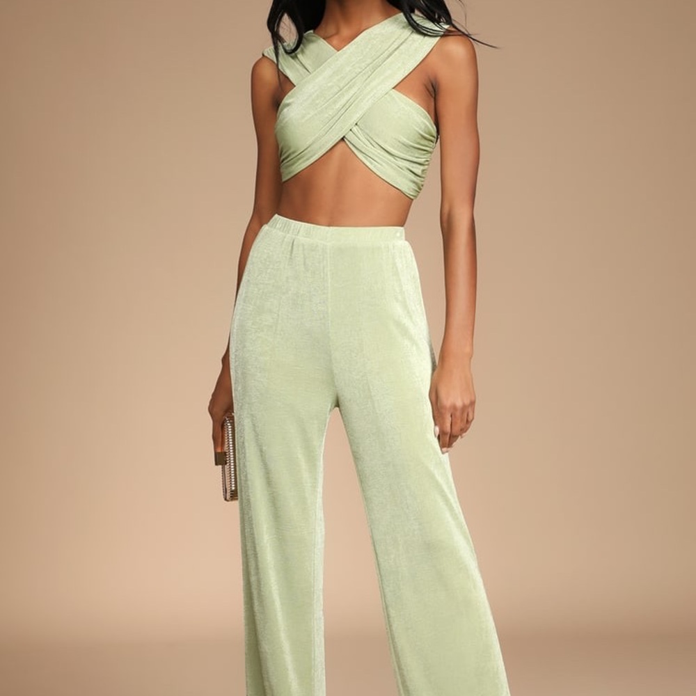 LULUS Slinky Green Pant Set